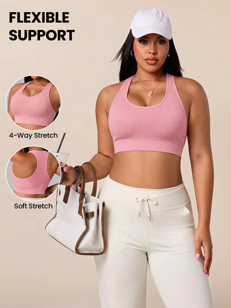 SHEIN Rhythm Era Plus Size Solid Color Tank Style Sports Bra Gym Sports Dusty Pink Summer - Pink - View 1