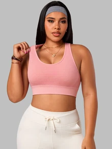 SHEIN Rhythm Era Plus Size Solid Color Tank Style Sports Bra Gym Sports Dusty Pink Summer - Pink - View 5