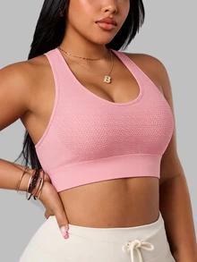 SHEIN Rhythm Era Plus Size Solid Color Tank Style Sports Bra Gym Sports Dusty Pink Summer - Pink - View 6