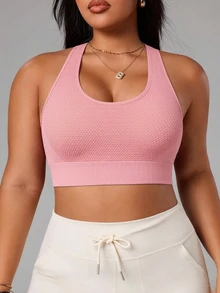 SHEIN Rhythm Era Plus Size Solid Color Tank Style Sports Bra Gym Sports Dusty Pink Summer - Pink - View 7