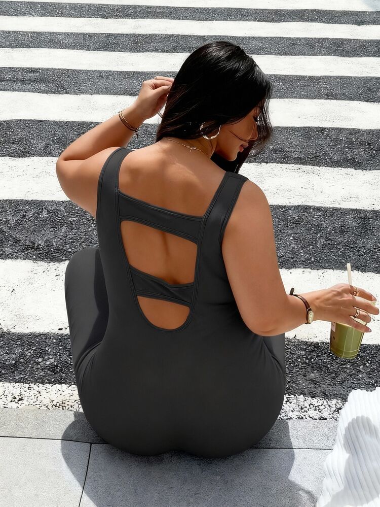 Rhythm Era Rhythm Era Women's Big Size Square-Neck Sleeveless Yoga One-Piece, Grey Summer Athletic Pilates High-Waist Buttock-Raising Seamless Pants Gym - Dark Grey - View 6