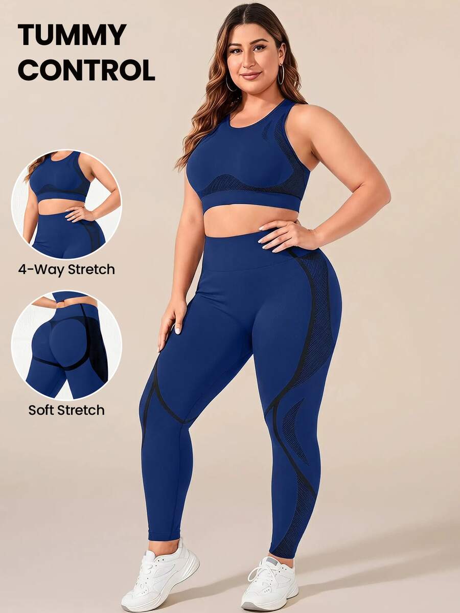 SHEIN Rhythm Era 無縫運動瑜伽背心與短款緊身褲套裝 / 純色背心 / 高腰收腹提臀 / 時尚性感 / 健身運動 / 戶外跑步 / 騎單車 - 藏蓝色 - 查看 1
