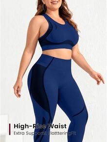 SHEIN Rhythm Era 無縫運動瑜伽背心與短款緊身褲套裝 / 純色背心 / 高腰收腹提臀 / 時尚性感 / 健身運動 / 戶外跑步 / 騎單車 - 藏蓝色 - 查看 3