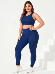 SHEIN Rhythm Era 無縫運動瑜伽背心與短款緊身褲套裝 / 純色背心 / 高腰收腹提臀 / 時尚性感 / 健身運動 / 戶外跑步 / 騎單車 - 藏蓝色 - 查看 4