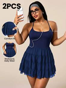 Rhythm Era Plus Size Patchwork Ruffle Hem Backless Halter Neck Sports Dress - Navy Blue - View 1