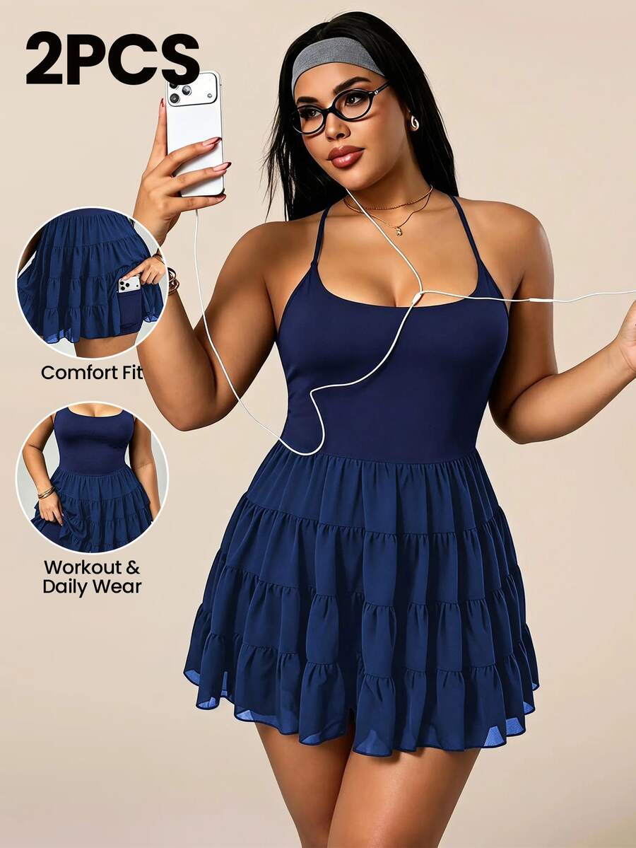 Rhythm Era Plus Size Patchwork Ruffle Hem Backless Halter Neck Sports Dress - Navy Blue - View 1
