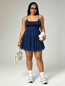 Rhythm Era Plus Size Patchwork Ruffle Hem Backless Halter Neck Sports Dress - Navy Blue - View 5