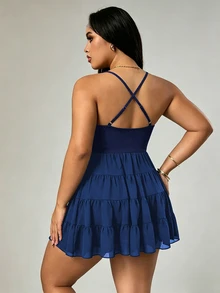 Rhythm Era Plus Size Patchwork Ruffle Hem Backless Halter Neck Sports Dress - Navy Blue - View 6