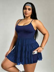 Rhythm Era Plus Size Patchwork Ruffle Hem Backless Halter Neck Sports Dress - Navy Blue - View 7