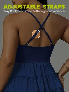 Rhythm Era Plus Size Patchwork Ruffle Hem Backless Halter Neck Sports Dress - Navy Blue - View 3
