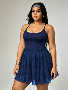 Rhythm Era Plus Size Patchwork Ruffle Hem Backless Halter Neck Sports Dress - Navy Blue - View 8