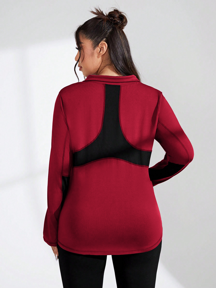 SHEIN Rhythm Era Plus Size Women's Turn Collar Zipper Fashion Loose Sports Top Autumn Sports Gym Black - Burgundy - View 7