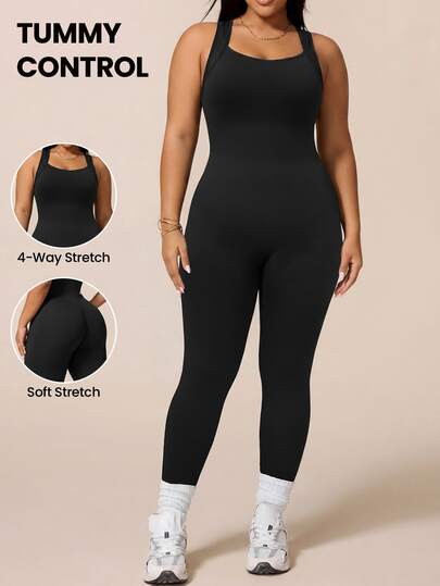 Rhythm Era 1pc Women Plus Size Seamless Transformable Square Neck Running Gym, Fitness, Yoga, Dance Jumpsuit With Cropped Leggings Black Summer