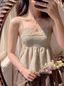 SHEIN MOD 女款對比色蕾絲荷葉邊下擺細肩帶背心 - 卡其色 - 查看 3