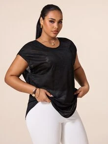 SHEIN Rhythm Era Women's Plus Size Solid Color Casual Versatile Daily Travel Sports T-Shirt - Black - View 2