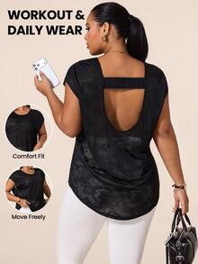 SHEIN Rhythm Era Women's Plus Size Solid Color Casual Versatile Daily Travel Sports T-Shirt - Black - View 1