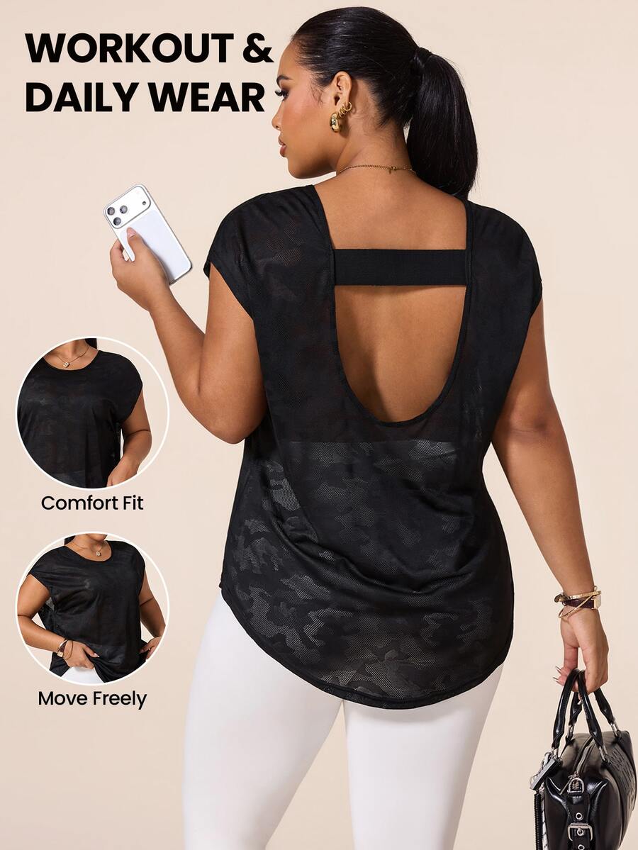 SHEIN Rhythm Era Women's Plus Size Solid Color Casual Versatile Daily Travel Sports T-Shirt - Black - View 1