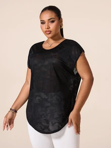 SHEIN Rhythm Era Women's Plus Size Solid Color Casual Versatile Daily Travel Sports T-Shirt - Black - View 6