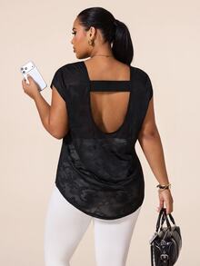 SHEIN Rhythm Era Women's Plus Size Solid Color Casual Versatile Daily Travel Sports T-Shirt - Black - View 8