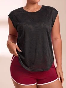 SHEIN Rhythm Era Women's Plus Size Solid Color Casual Versatile Daily Travel Sports T-Shirt - Black - View 3