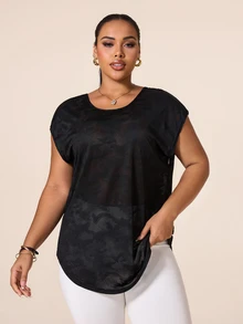 SHEIN Rhythm Era Women's Plus Size Solid Color Casual Versatile Daily Travel Sports T-Shirt - Black - View 5