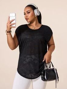 SHEIN Rhythm Era Women's Plus Size Solid Color Casual Versatile Daily Travel Sports T-Shirt - Black - View 4