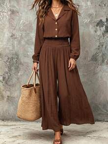 Breezaya 2026 Autumn/Winter Women's New Style Button-Up Hooded Sleeve Drawstring Wide Leg One-Piece Pants, A Casual And Loose Textured Long-Length One-Piece Pa - Rust Brown - View 3