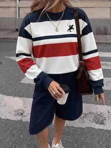 SHEIN LUNE Colorblock Red And White Striped Pony Logo Asymmetrical Print Crew Neck Long Sleeve Pullover Sweatshirt Collegiate Sporty Streetwear School Graduation - White - View 6