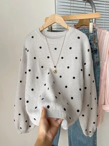 SHEIN Teen Girls Autumn/Winter Casual Polka Dot Print Sweater - Grey - View 6