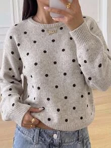 SHEIN Teen Girls Autumn/Winter Casual Polka Dot Print Sweater - Grey - View 2