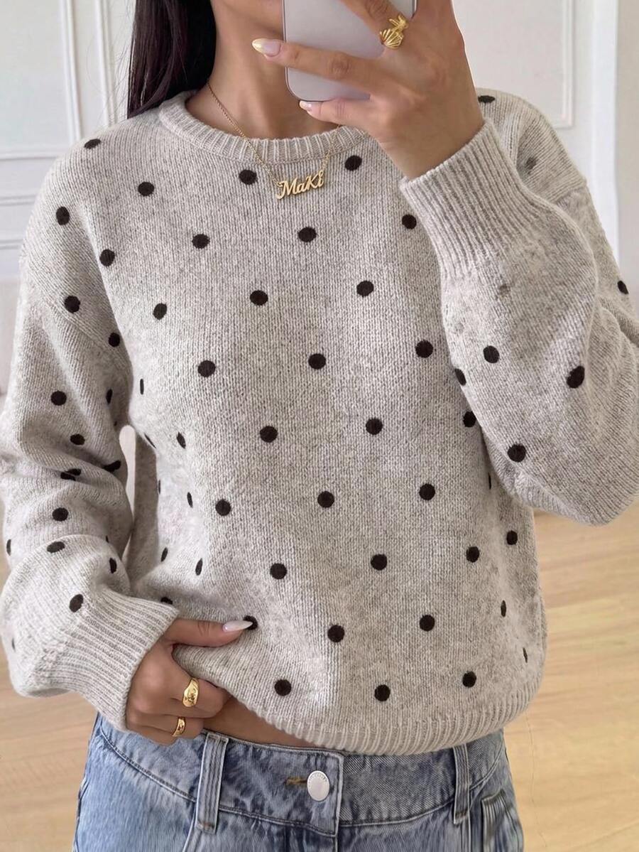 SHEIN Teen Girls Autumn/Winter Casual Polka Dot Print Sweater - Grey - View 1