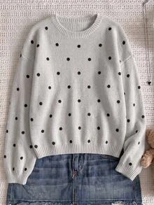 SHEIN Teen Girls Autumn/Winter Casual Polka Dot Print Sweater - Grey - View 1