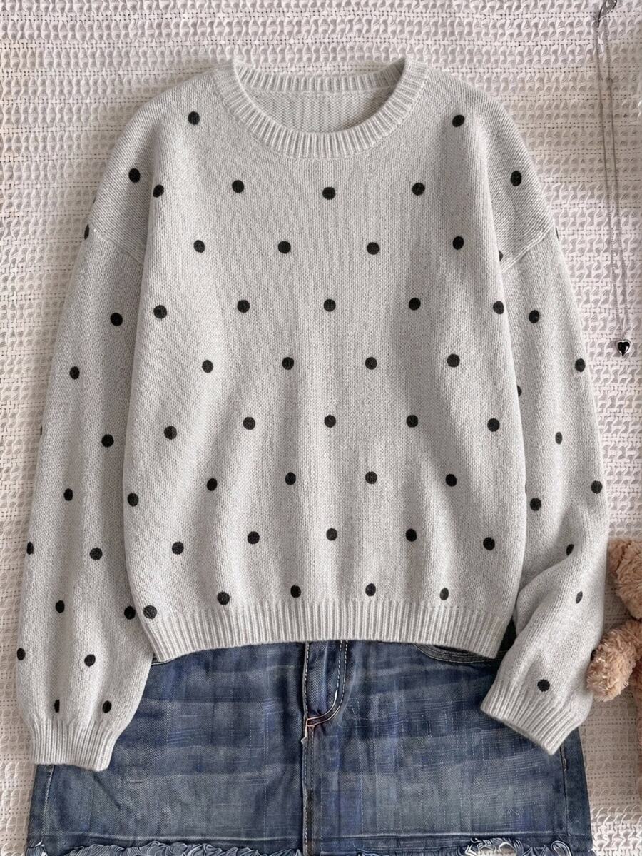 SHEIN Teen Girls Autumn/Winter Casual Polka Dot Print Sweater - Grey - View 1