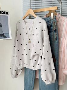 SHEIN Teen Girls Autumn/Winter Casual Polka Dot Print Sweater - Grey - View 4