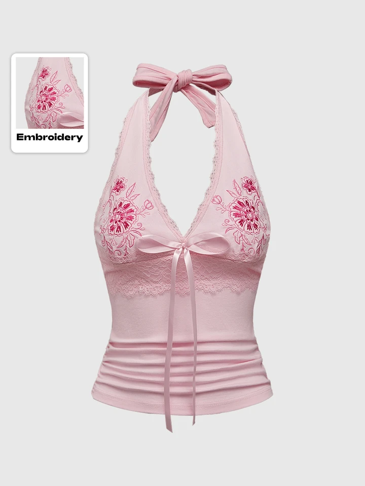 Our Hippie Women's Y2K Floral Print & Contrast Lace Halter Neck