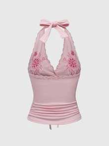 ROMWE Hippie Women's Y2K Floral Print & Contrast Lace Halter Neck Tie-Front Tank Top - Pink - View 2