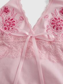 ROMWE Hippie Women's Y2K Floral Print & Contrast Lace Halter Neck Tie-Front Tank Top - Pink - View 3