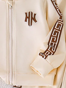 SHEIN 男童 2 件套運動衫套裝，秋季新款長袖連帽運動衫與長褲套裝，白色印花拉鍊式，適合日常穿著、生日、學校、運動 - 杏色 - 查看 5