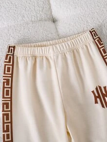 SHEIN 男童 2 件套運動衫套裝，秋季新款長袖連帽運動衫與長褲套裝，白色印花拉鍊式，適合日常穿著、生日、學校、運動 - 杏色 - 查看 6