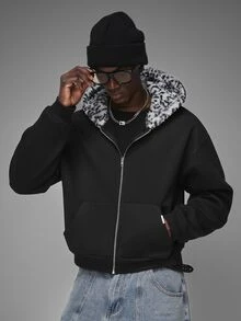 STYNVO Men's Letter Embroidered Leopard Print Lining Zip-Up Hooded Sweatshirt - Black - View 1