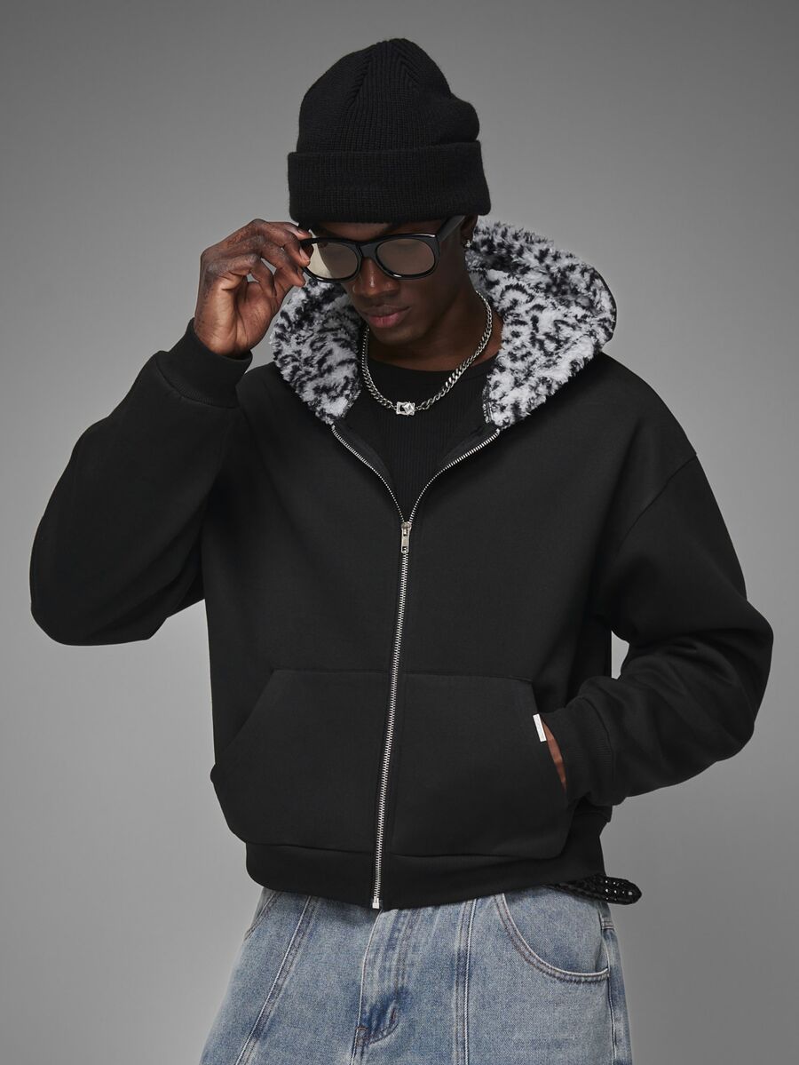 STYNVO Men's Letter Embroidered Leopard Print Lining Zip-Up Hooded Sweatshirt - Black - View 1