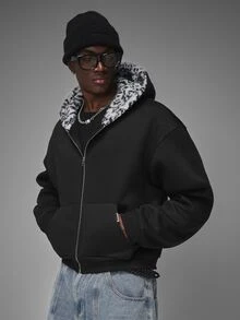 STYNVO Men's Letter Embroidered Leopard Print Lining Zip-Up Hooded Sweatshirt - Black - View 4