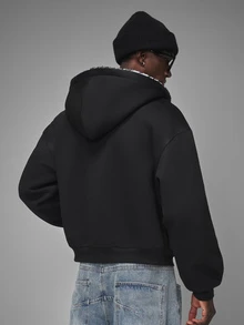 STYNVO Men's Letter Embroidered Leopard Print Lining Zip-Up Hooded Sweatshirt - Black - View 2