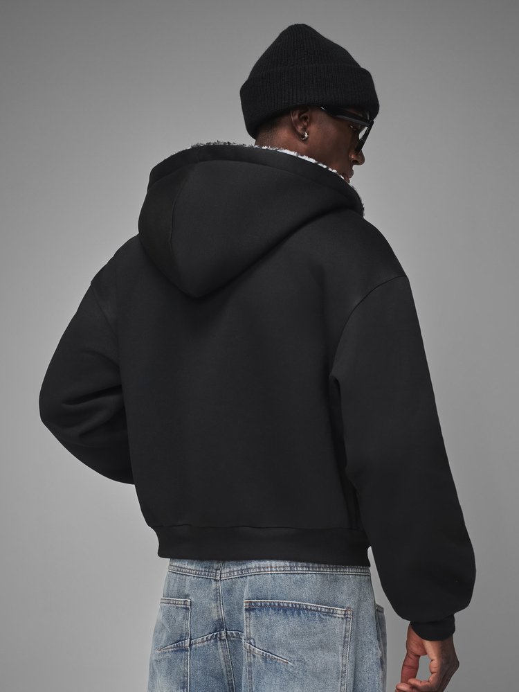 STYNVO Men's Letter Embroidered Leopard Print Lining Zip-Up Hooded Sweatshirt - Black - View 2