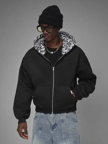 STYNVO Men's Letter Embroidered Leopard Print Lining Zip-Up Hooded Sweatshirt - Black - View 3