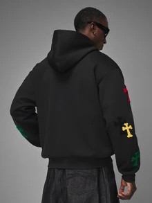 STYNVO Men's Cross Embroidery Long Sleeve Pocket Casual Hoodie - Black - View 2