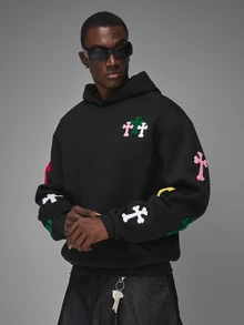STYNVO Men's Cross Embroidery Long Sleeve Pocket Casual Hoodie - Black - View 6