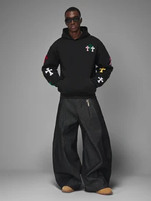 STYNVO Men's Cross Embroidery Long Sleeve Pocket Casual Hoodie - Black - View 4
