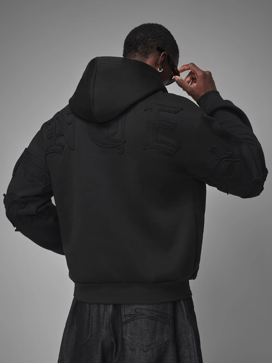 STYNVO 男士休閒字母刺繡連帽衫,秋冬款 - 黑色 - 查看 1