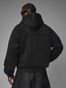 STYNVO 男士休閒字母刺繡連帽衫，秋冬款 - 黑色 - 查看 5